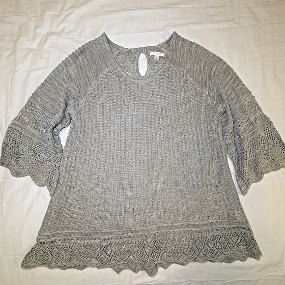 LC Lauren‎ Conrad Crochet Pointelle Sweater XL High-Low Bell Sleeves Lightweight - Picture 3 of 10
